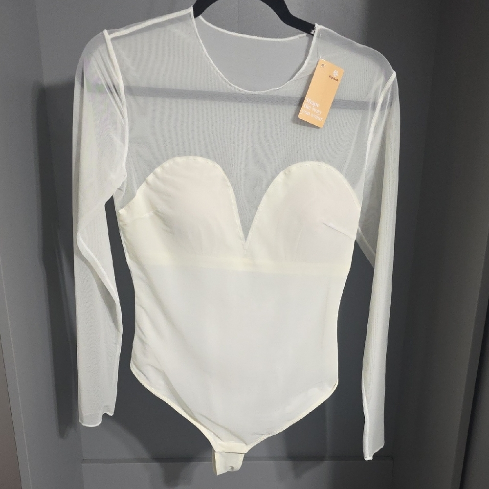 Sheer Ivory Long-Sleeve Sweetheart Neck Bodysuit